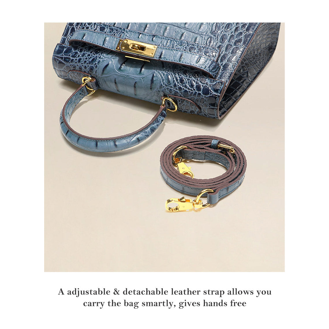 Blue crocodile embossed leather Kelly bag with a matching adjustable and detachable shoulder strap.