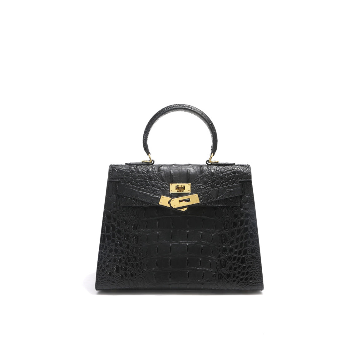 Black crocodile embossed leather Kelly bag with gold hardware.