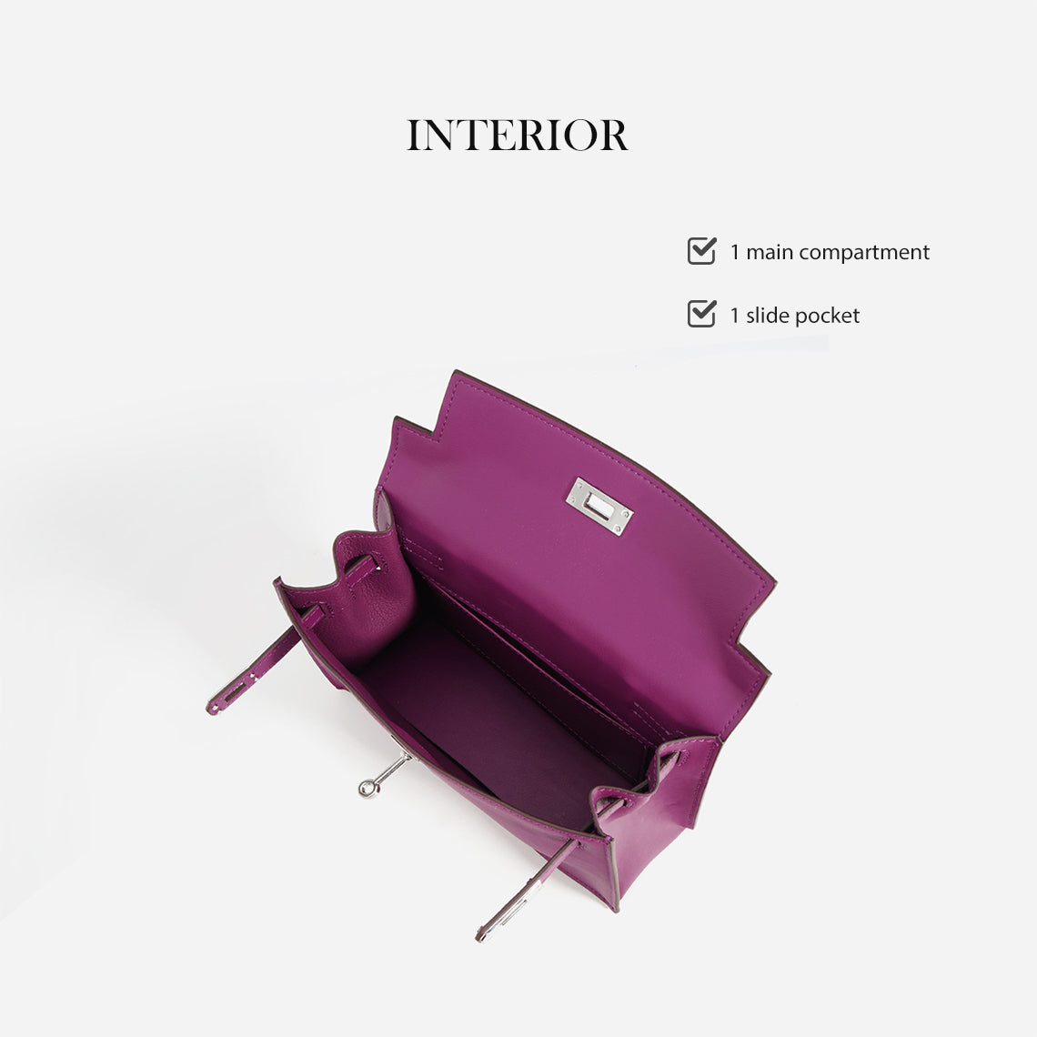 Interior view of a purple Kelli Danse leather bag featuring one main compartment and one slide pocket lined with microfiber leather.