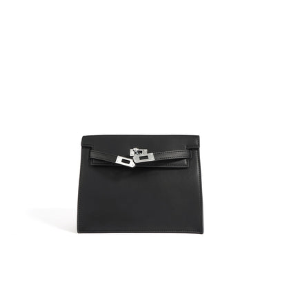 A timeless black Kelli Danse top grain leather shoulder bag with polished silver-tone hardware, shown on a clean white background.
