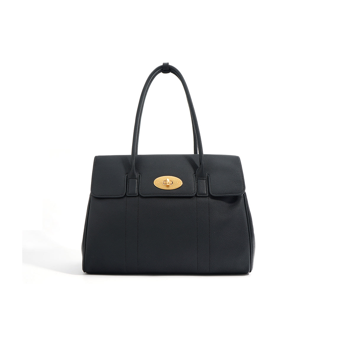 Black pebbled top grain leather tote bag with gold twist lock and dual top handles.
