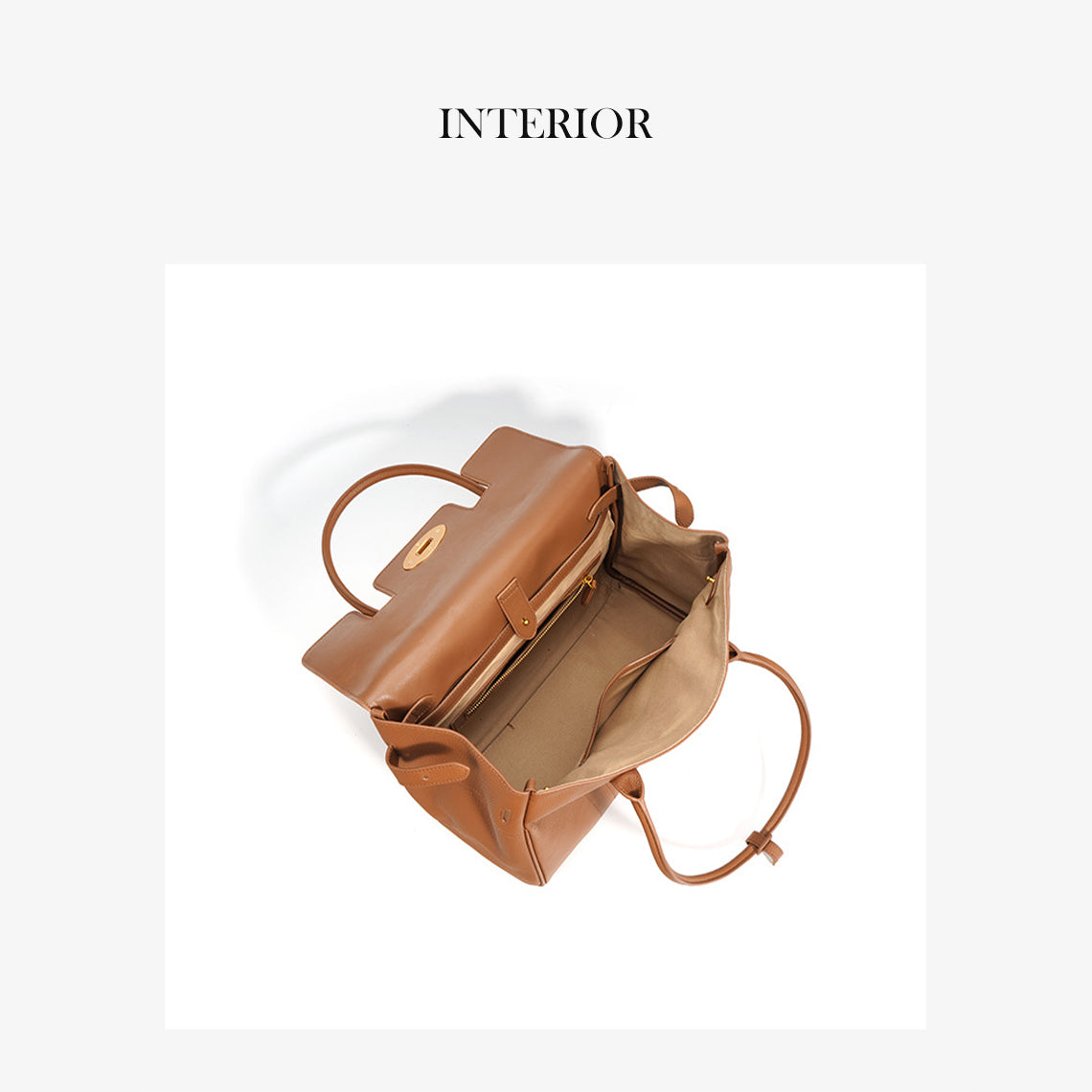 Interior view of brown pebbled leather tote bag showing spacious compartment.