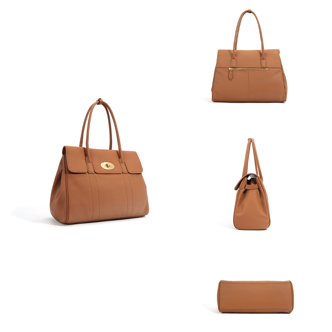 Multi-angle views of brown pebbled leather tote bag showing front back side and bottom details.