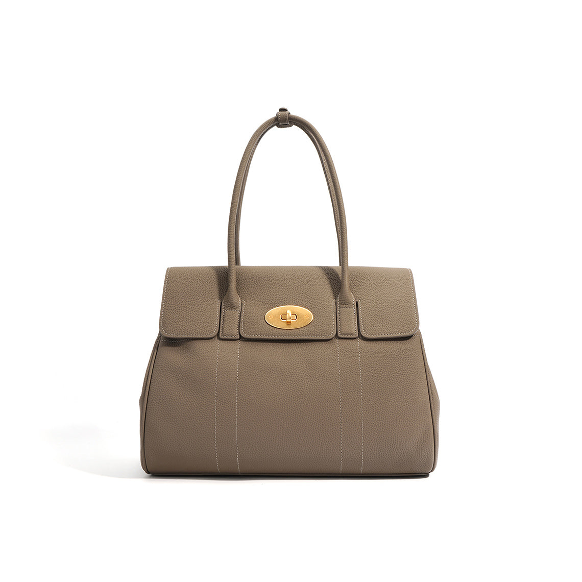 Taupe pebbled top grain leather tote bag with gold twist lock and dual top handles.