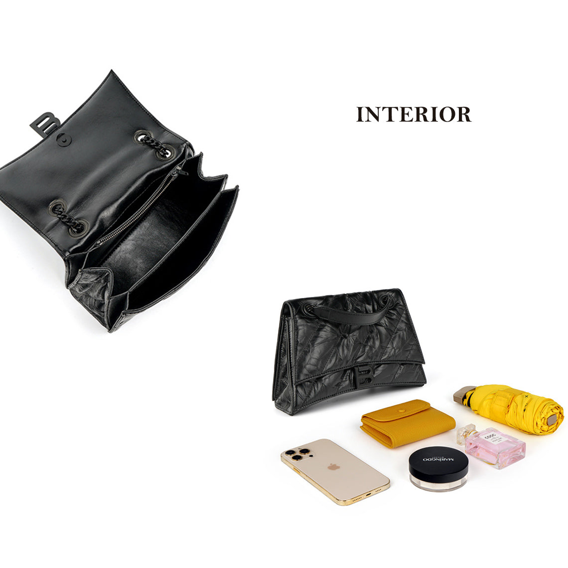 Black Leather Hour glass Crossbody Bag Interior | Trendy Bags for Women - POPSEWING™