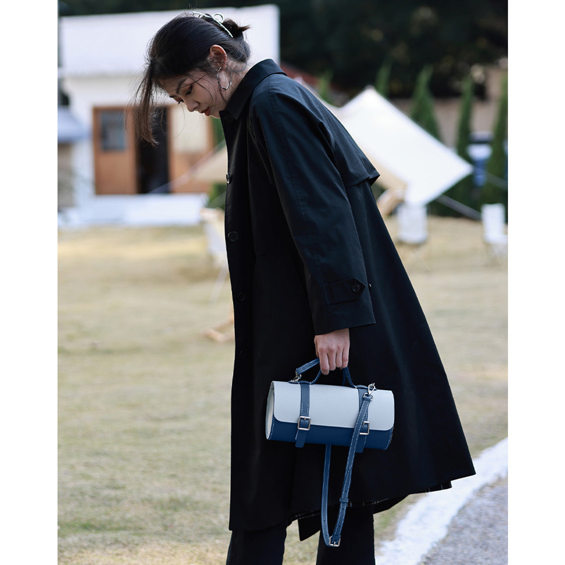 Leather Round Satchel Top Handle Handbag in Blue Color