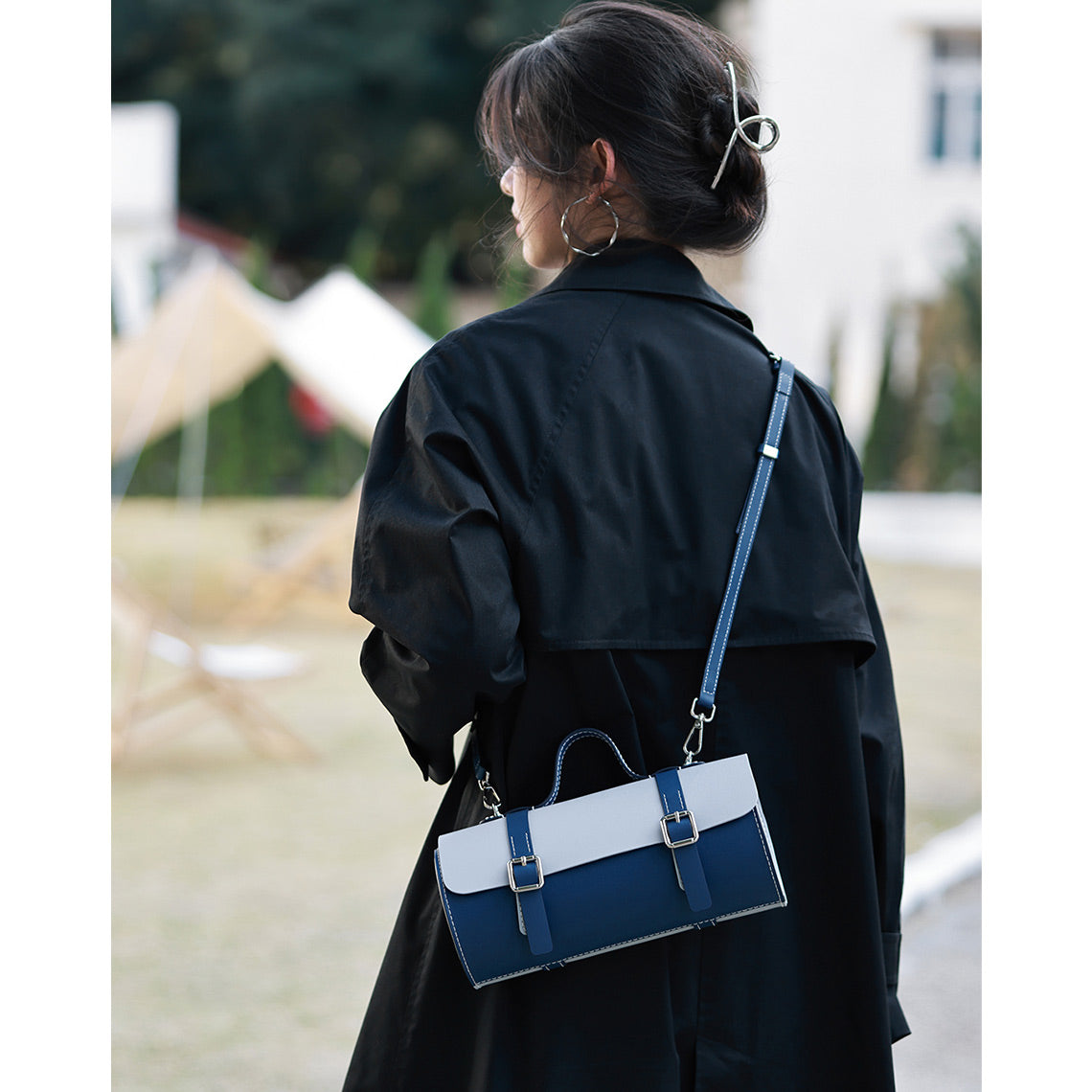 Leather Round Satchel Top Handle Handbag in Blue Color